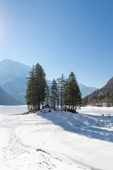 Fototapeta na wymiar Frozen Lago del Predil located in Tarviso, Italy