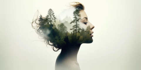 Double exposure portrait of woman blended with nature, forest trees form face, creative art of beauty and tranquility, abstract girl profile in green woods. © VISIONARTIST