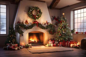 Christmas decorated living room with an open hearth, Christmas tree, Christmas lights and candles