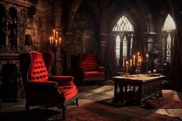 Fototapeta na wymiar Gothic living room in Dracula's castle with table, sofa, and lounge chairs by candlesticks. Halloween atmosphere inside ancient vampire castle for games background. Generative AI