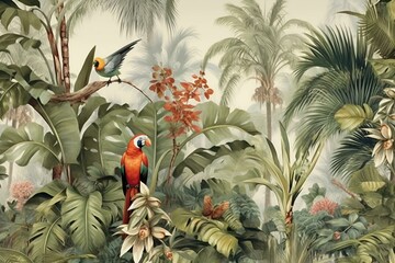 Vintage tropical wallpaper with palm trees, birds, and jungle foliage. Generative AI