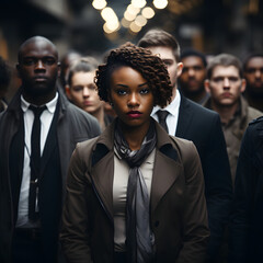 A successful black businesswoman stands at the head of her team as a leader; Young beautiful black woman with curly hair; Respect diversity; 4k(1:1)