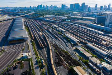 Aerial top view of train container cargo on the railway station for transportation background....