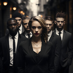 A successful white woman stands in front of her business team as a leader; Diversity in business; Anti-racism; 4K(1:1)
