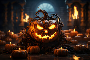 A large creepy, scary, spooky halloween pumpkin with evil smile and glowing eyes ,halloween candles and pumpkins 