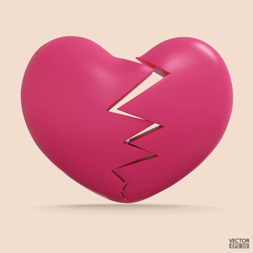 3D front views pink broken heart isolated in background. Red heartbreak. Relationship breakup problem, Disappointed in love concept. 3D vector illustration.