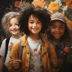 A child in the middle, a black child on the left and a white child on the right; Three children of different races; Kids of diversity; Flowers background;Resolution 4k(1:1)