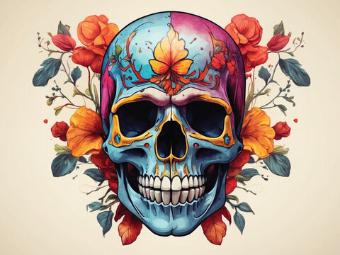 A colorful skull with the word skull on it