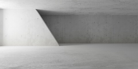 Abstract empty, modern concrete room with sloped double back wall, window light and rough floor - industrial interior background template