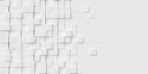 Abstract random white cube boxes block background wallpaper banner geometry pattern fading out with copy space