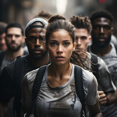 People of different races runs together with a woman in front; Diversity; Anti-racism; 4K(1:1)
