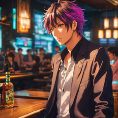 Hübscher Anime Junge an einer Bar - obrazy, fototapety, plakaty