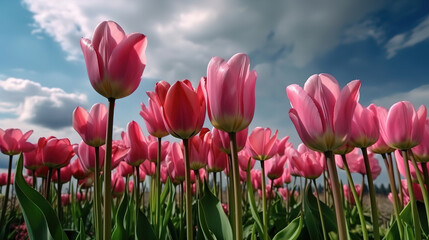 Pink tulips against blue sky with white clouds. Generative Ai