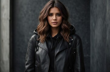 Fototapeta premium A stylish woman in a fashionable black leather jacket, poses against a gray concrete wall. Winter Clothing ad Concept.