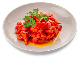 Cooked chopped red peppers seasoned with olive oil and parsley leaves - peperonata in white plate isolated