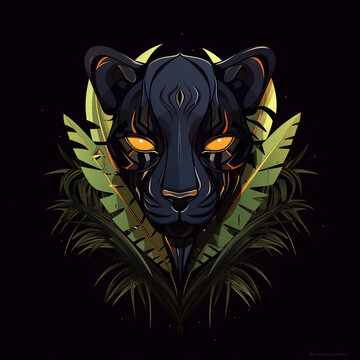 Abstract, neon, multi-colored portrait of a black panther head on a dark background. Generative AI