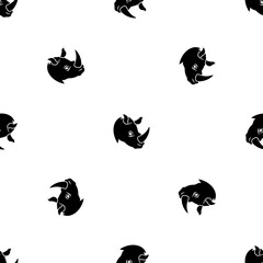 Seamless pattern of repeated black rhino head logos. Elements are evenly spaced and some are rotated. Illustration on transparent background