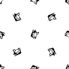 Fototapeta na wymiar Seamless pattern of repeated black wolf heads. Elements are evenly spaced and some are rotated. Vector illustration on white background