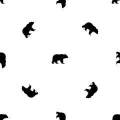 Seamless pattern of repeated black bear symbols. Elements are evenly spaced and some are rotated. Illustration on transparent background