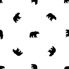 Seamless pattern of repeated black bear icons. Elements are evenly spaced and some are rotated. Vector illustration on white background