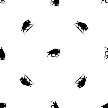 Seamless pattern of repeated black wild buffalos. Elements are evenly spaced and some are rotated. Vector illustration on white background