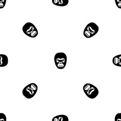 Seamless pattern of repeated black gorilla heads. Elements are evenly spaced and some are rotated. Illustration on transparent background