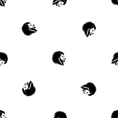 Seamless pattern of repeated black lion head icons. Elements are evenly spaced and some are rotated. Vector illustration on white background