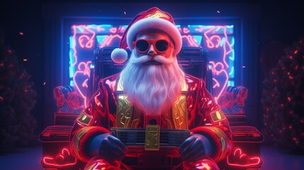 A neon-stylized digital art of Santa Claus sitting in a fancy chair