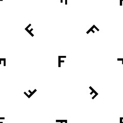 Seamless pattern of repeated black capital letter F symbols. Elements are evenly spaced and some are rotated. Vector illustration on white background