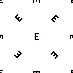 Seamless pattern of repeated black capital letter E symbols. Elements are evenly spaced and some are rotated. Vector illustration on white background