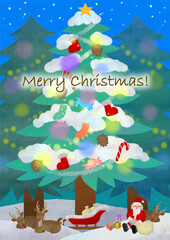 クリスマス素材　雪の積もったツリーの下　サンタクロースと赤鼻のトナカイ　文字入り