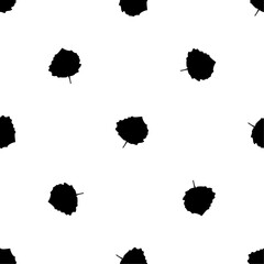 Seamless pattern of repeated black aspen leafs. Elements are evenly spaced and some are rotated. Vector illustration on white background