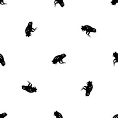 Seamless pattern of repeated black frog symbols. Elements are evenly spaced and some are rotated. Vector illustration on white background