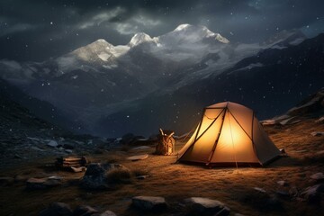 A tent with backpack and flashlight inside is placed at the base of a mountain. Generative AI - obrazy, fototapety, plakaty