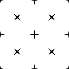Seamless pattern of repeated black star symbols. Elements are evenly spaced and some are rotated. Vector illustration on white background