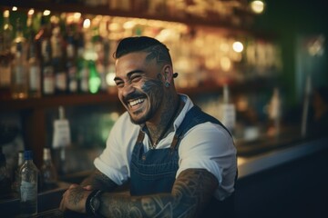 Fototapeta premium Smiling bartender relaxing behind bar