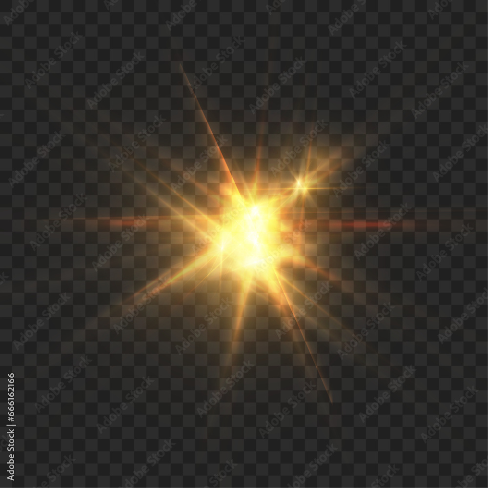Poster Abstract light effect. Explosion of a golden nova in outer space. Vector on transparent background.