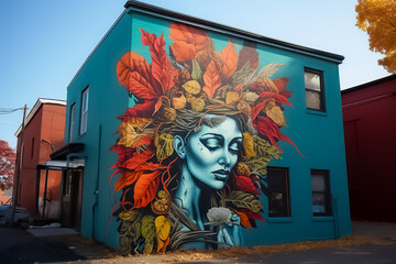 A vibrant blue building adorned with a striking mural of a woman's face.