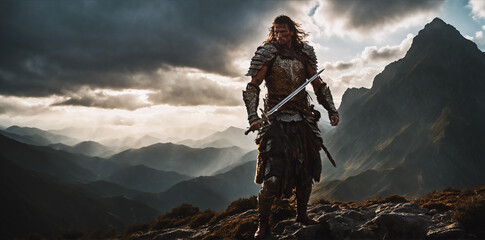 A solitary warrior, holding a menacing sword, dominates the mountain peak, portraying a medieval fantasy hero's epic journey.. - obrazy, fototapety, plakaty