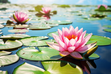 lily flowers float in the lake. generative ai