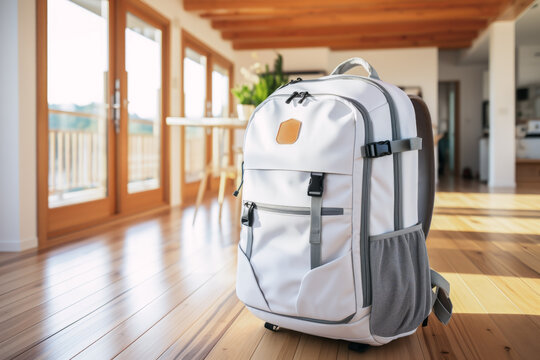 Close up of modern backpack on wooden floor in empty house. Family travel concept of holidays and vacations.