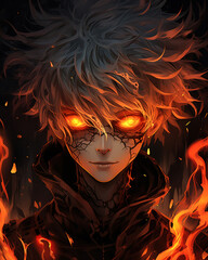 anime fire boy with evil eyes and hair in a dark night, generative ai