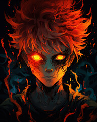anime fire boy with evil eyes and hair in a dark night, generative ai