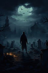 illustration of a zombie, graveyard background, generative ai