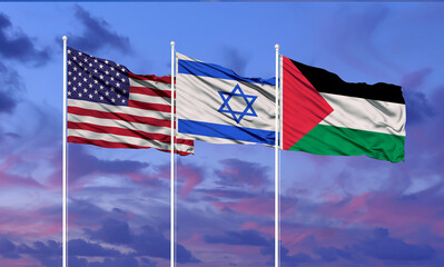 Flags of Israel, palestine  and usa The concept of tense relations between Israel and palestine .