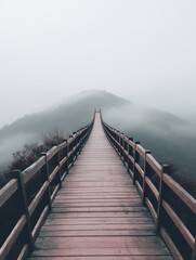 Obraz premium wooden bridge leading up to a foggy hill, generative ai