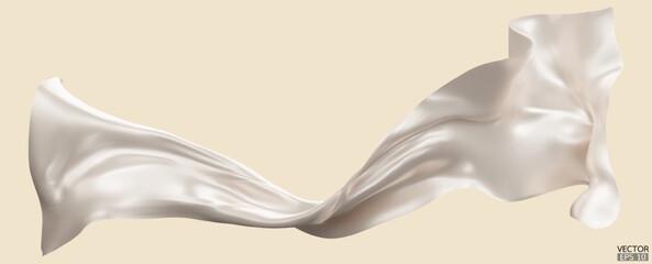 Flying beige silk textile fabric flag background. Smooth elegant beige Satin Isolated on Background for grand opening ceremony. Flying cream silk image. 3d vector illustration. - obrazy, fototapety, plakaty