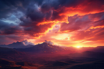 Dramatic fiery sunset with orange and red clouds and mountains in the distance, generative ai