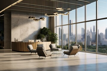 Contemporary office lobby with marble and concrete, reception area, seats, windows, and city view. Generative AI