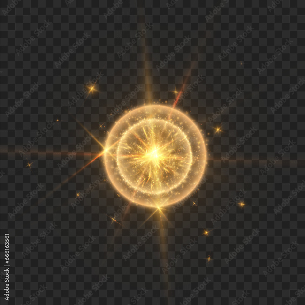 Poster Abstract light effect. Explosion of a golden nova in outer space. Vector on transparent background.